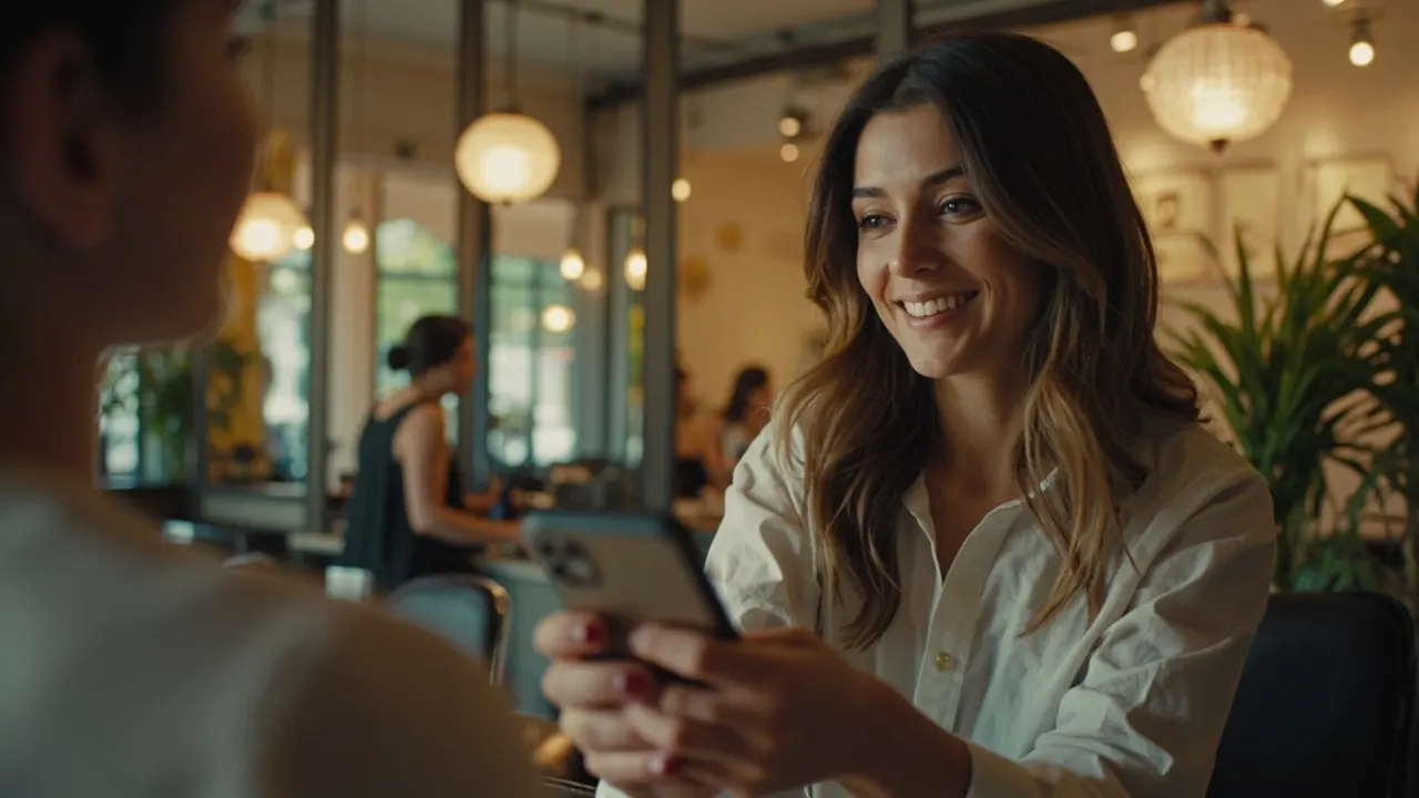 Clienta sonriente con su celular en un salón de belleza, después de reservar su próximo turno
