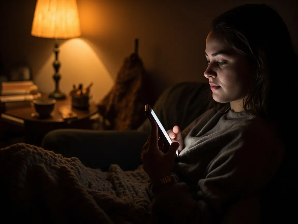 Clienta reservando un turno desde el celular, de noche en su casa